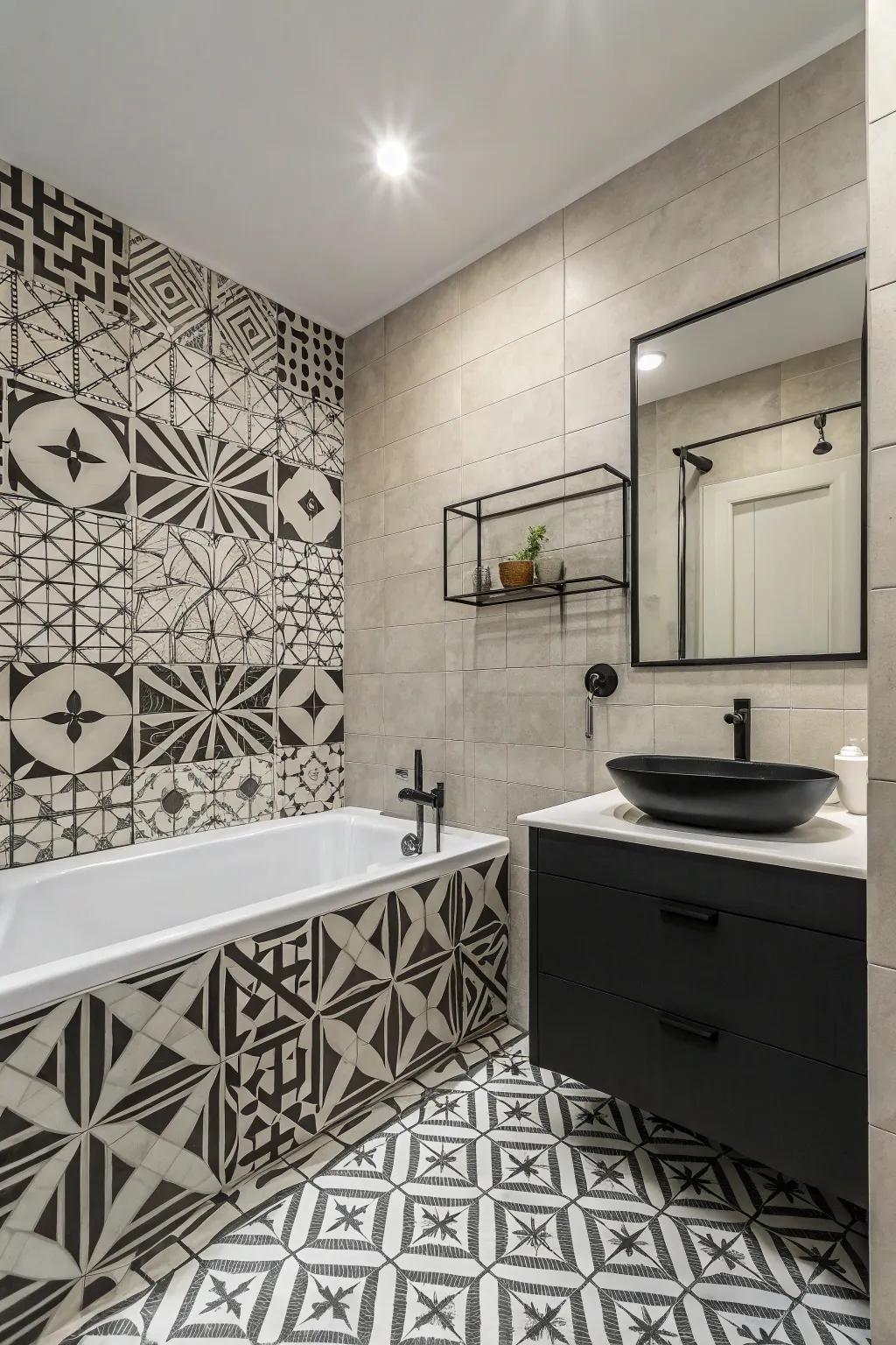 Abstract tiles inject a contemporary and chic edge.