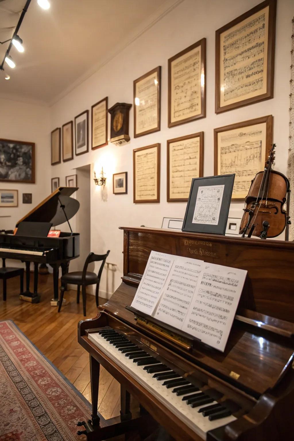 Framed song sheets contribute literary and musical elegance.