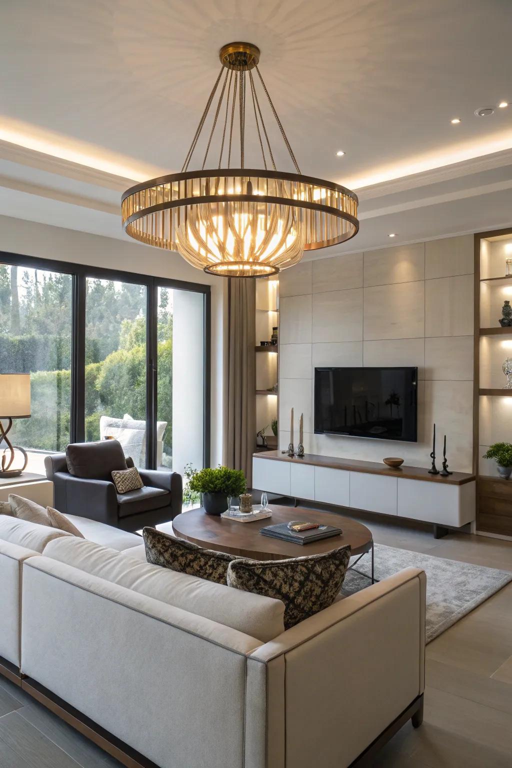 This stylish living area is enhanced with a statement lighting fixture.