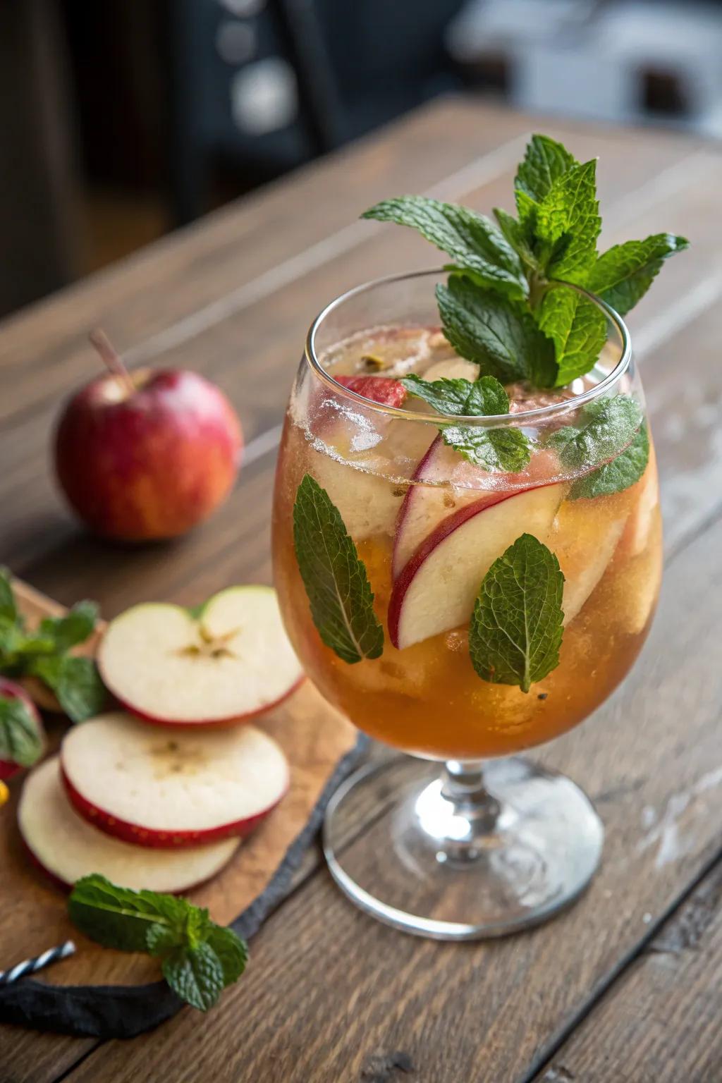Herb leaves add a refreshing touch to apple cider punch.