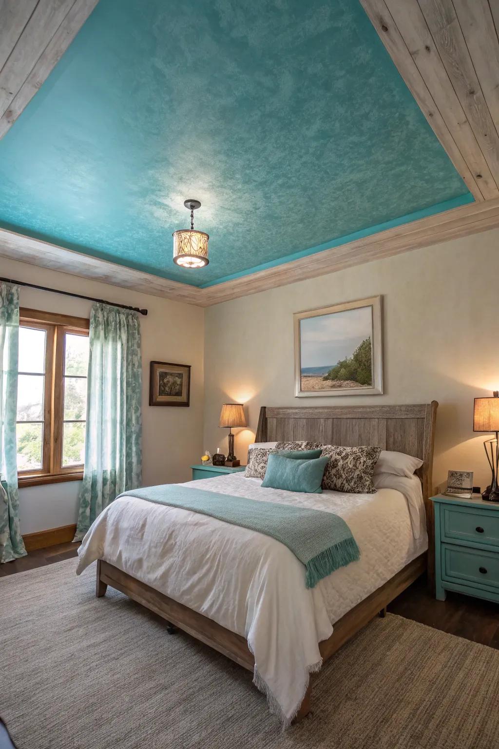 A sky-tinted ceiling creates a unique and calming focal point.