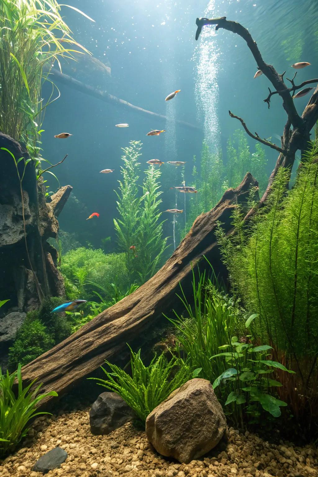 A jungle-themed aquarium extends escapade and security for fish.