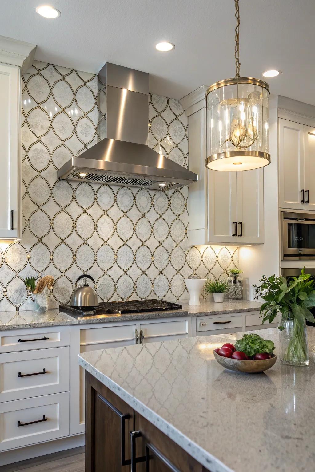 A stylish kitchen showcases metallic-accented arabesque tiles for a dash of glamor.