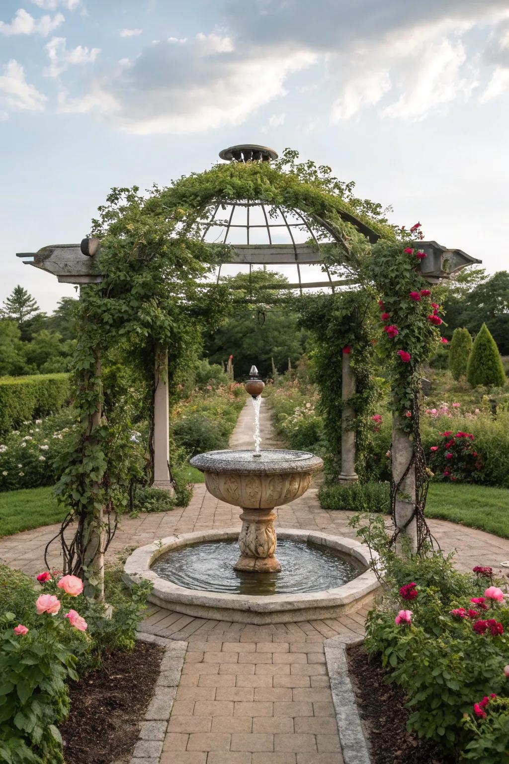 A serene arbor with a relieving water highlight nearby.