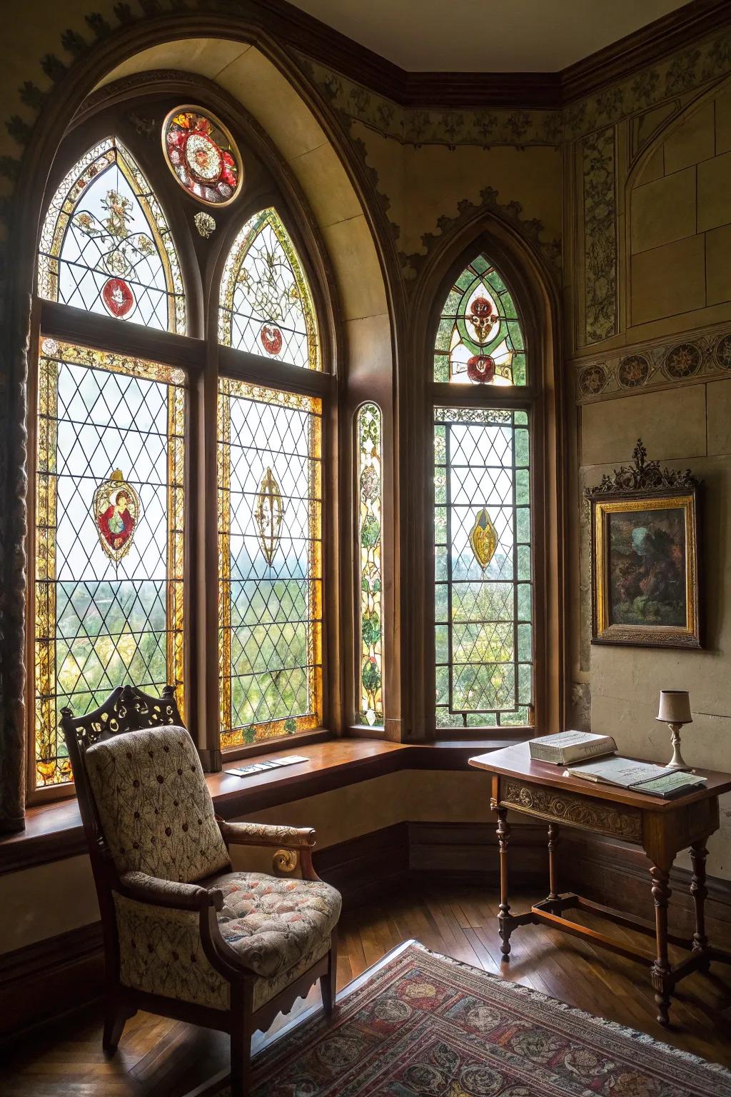A vintage-esque chamber showcases tinted glass segments on arched windows.