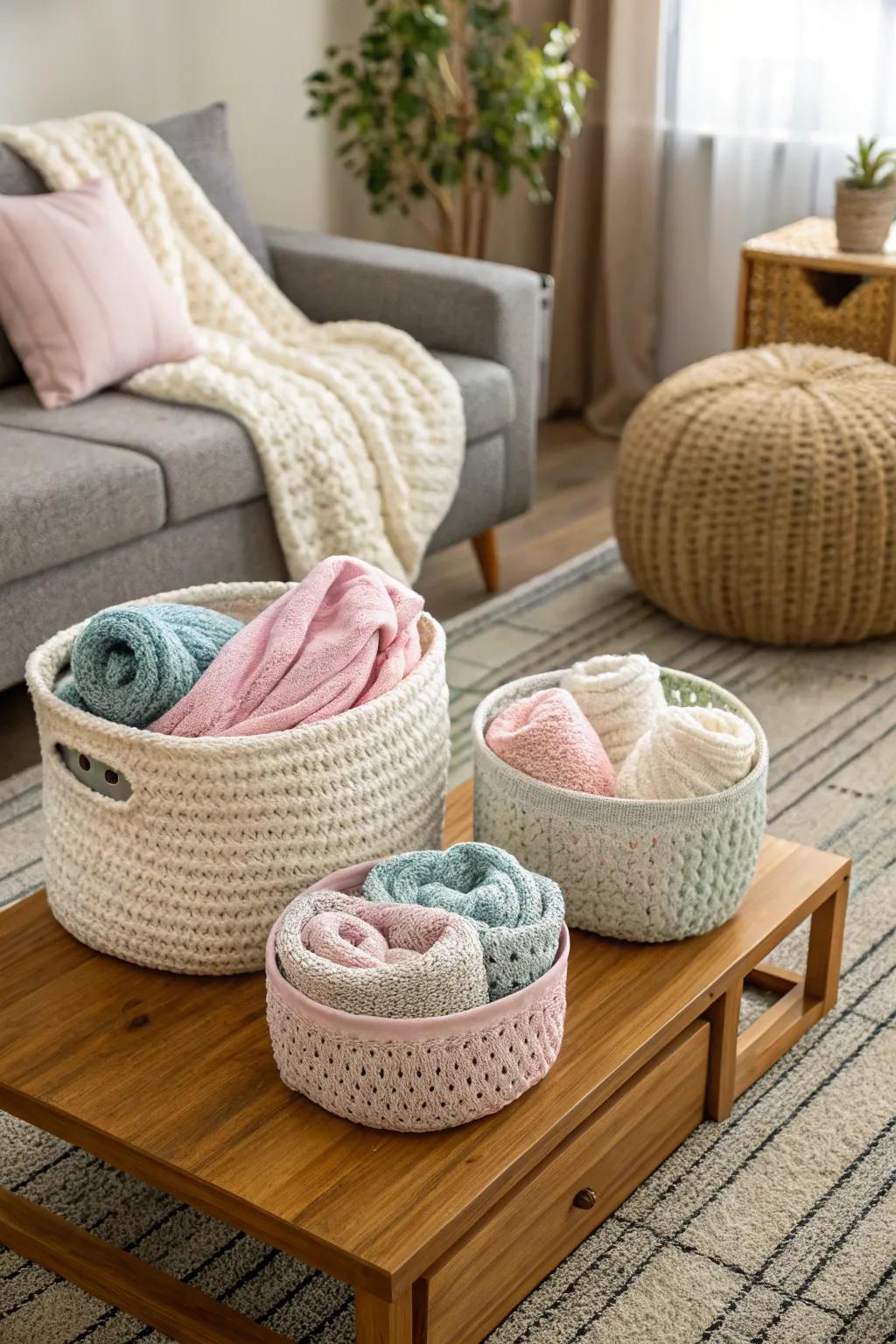 Hand-made baskets provide functionality and style.