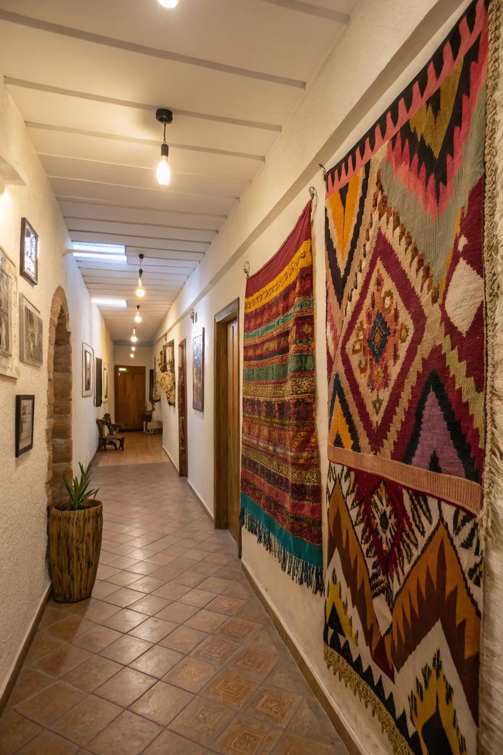 Woven art adds heat and dimension to this hallway.
