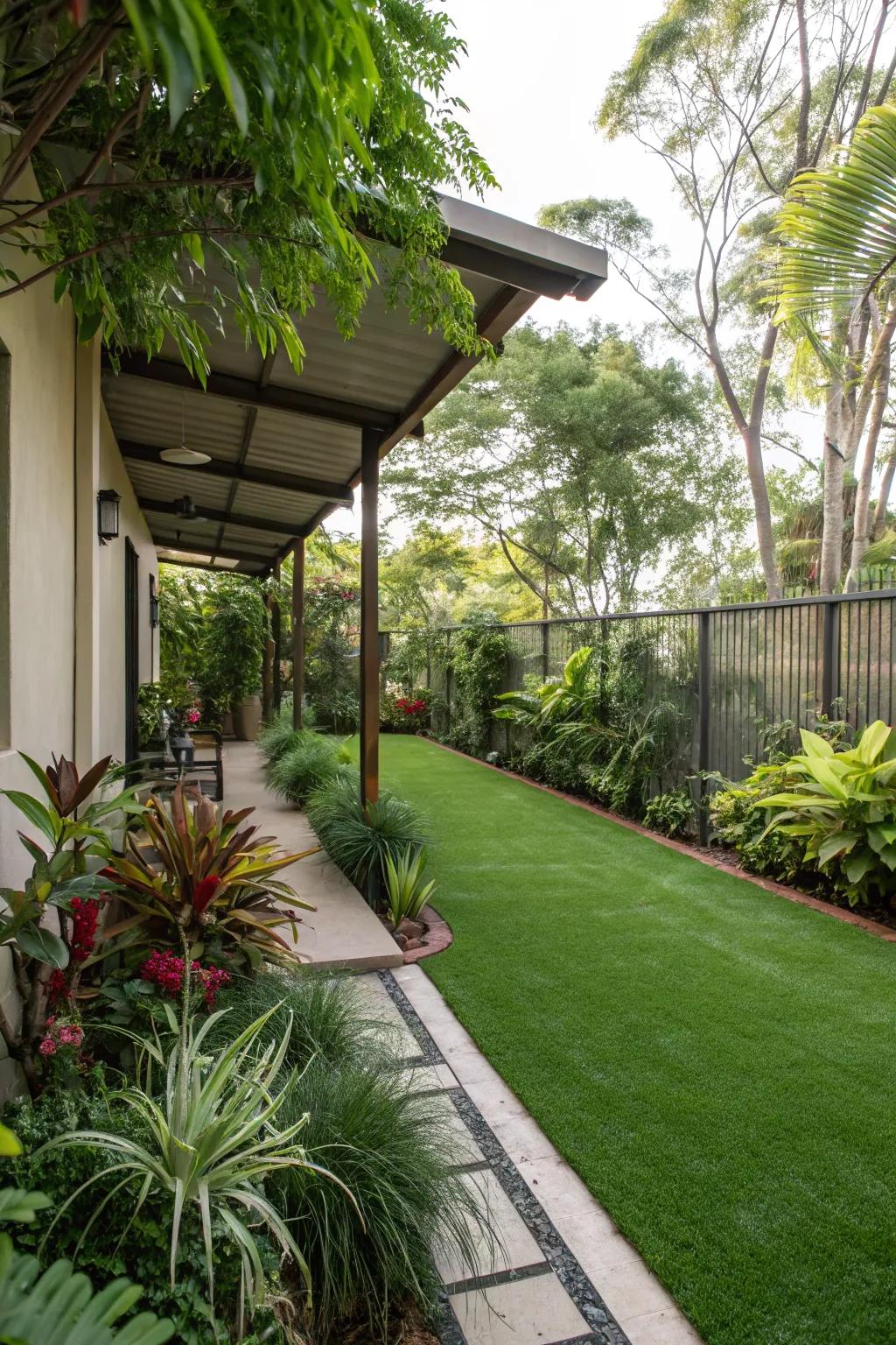 Redesign your side yard into a lush retreat with synthetic lawn.