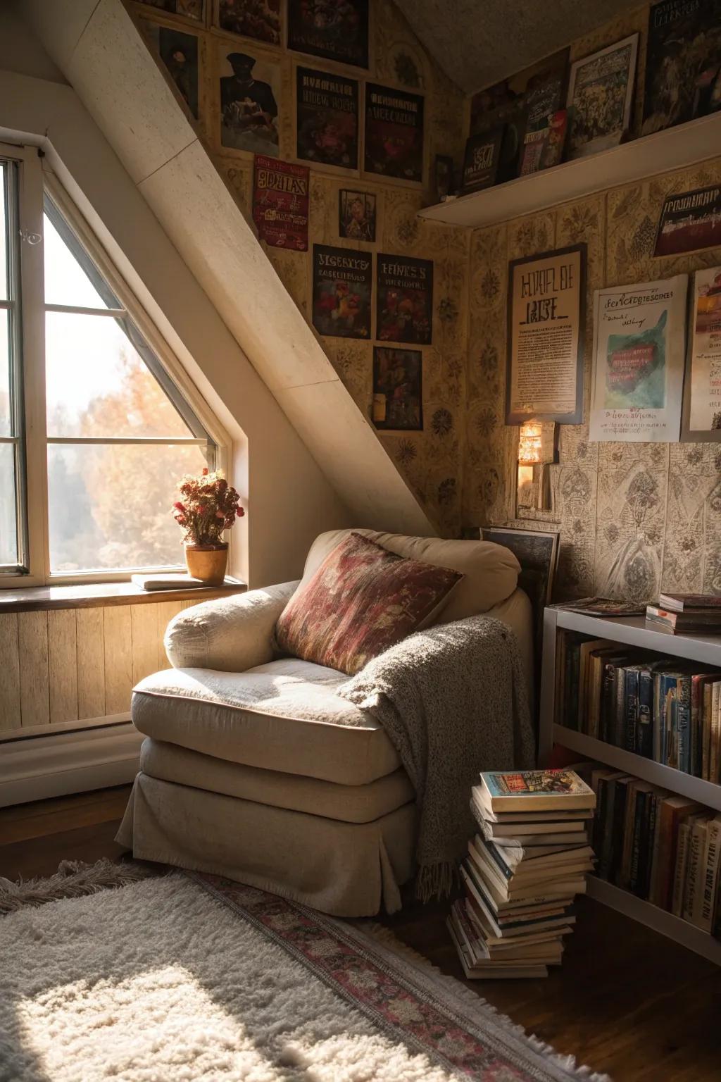 A reading space by the window provides a perfect escape in your attic bedroom.