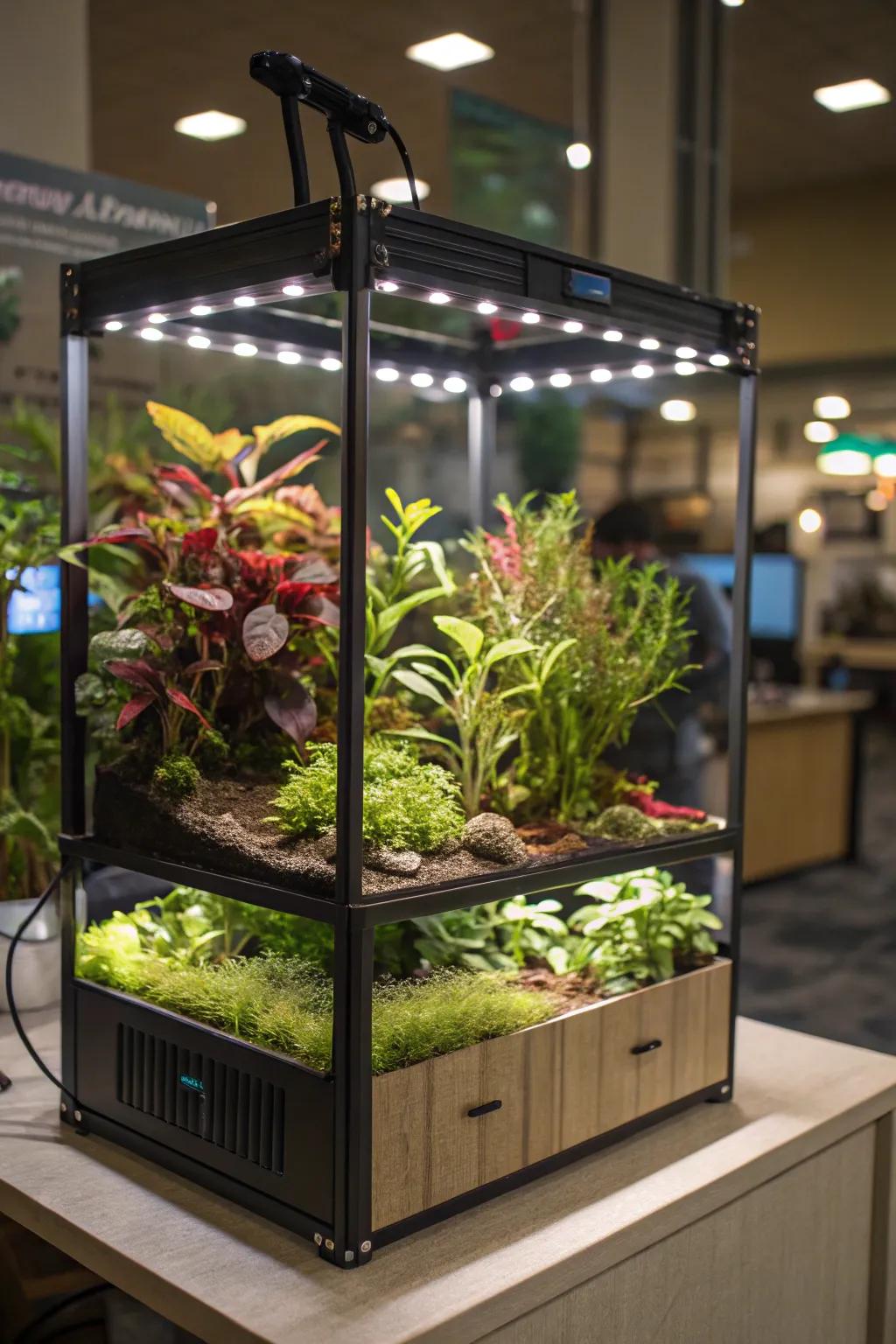 An aquarium-style plant display lit by grow lights, creating a modern art vibe.
