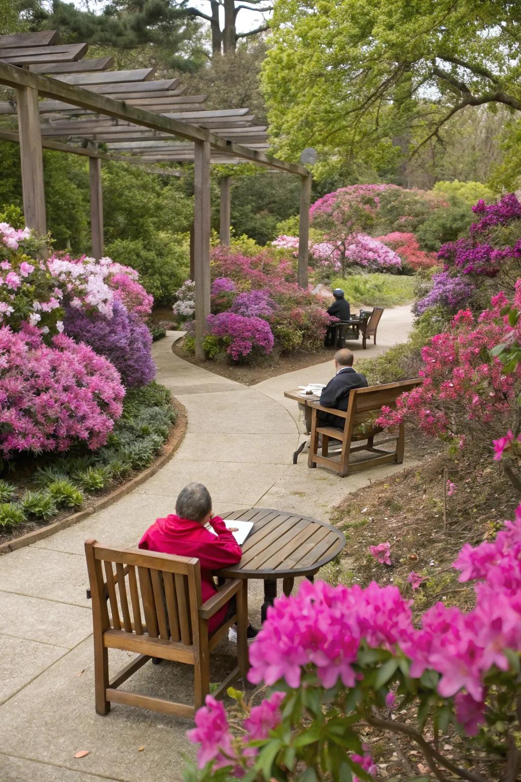 A snug outdoor recess augmented with kaleidoscopic azaleas.
