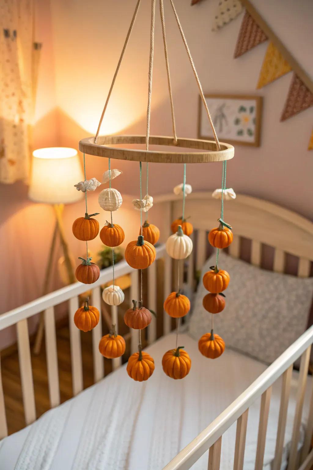 A pumpkin mobile creates a soothing and seasonal nursery atmosphere.