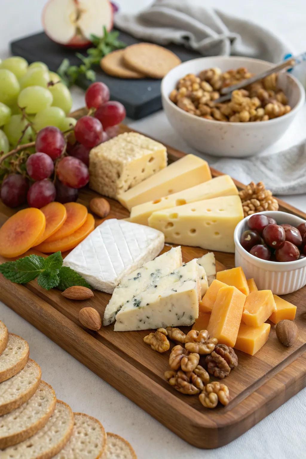An elegant cheese selection with a mix of cheeses, nuts, and fruits.