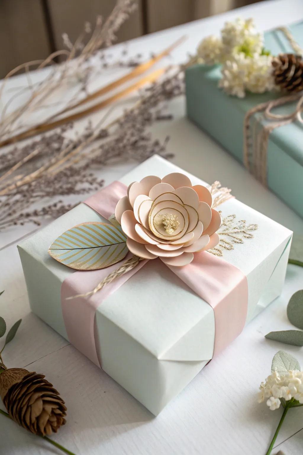 Add a touch of elegance with a handcrafted paper flower topper for your baby shower present.