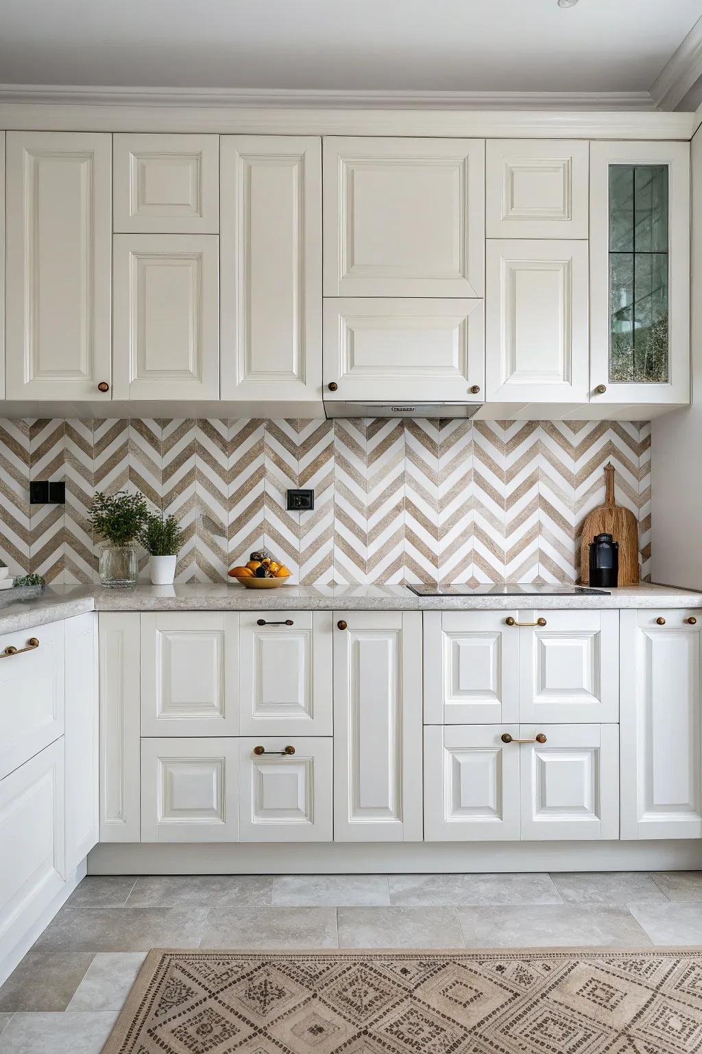 Zigzag patterns infuse dynamic energy into this white kitchen.
