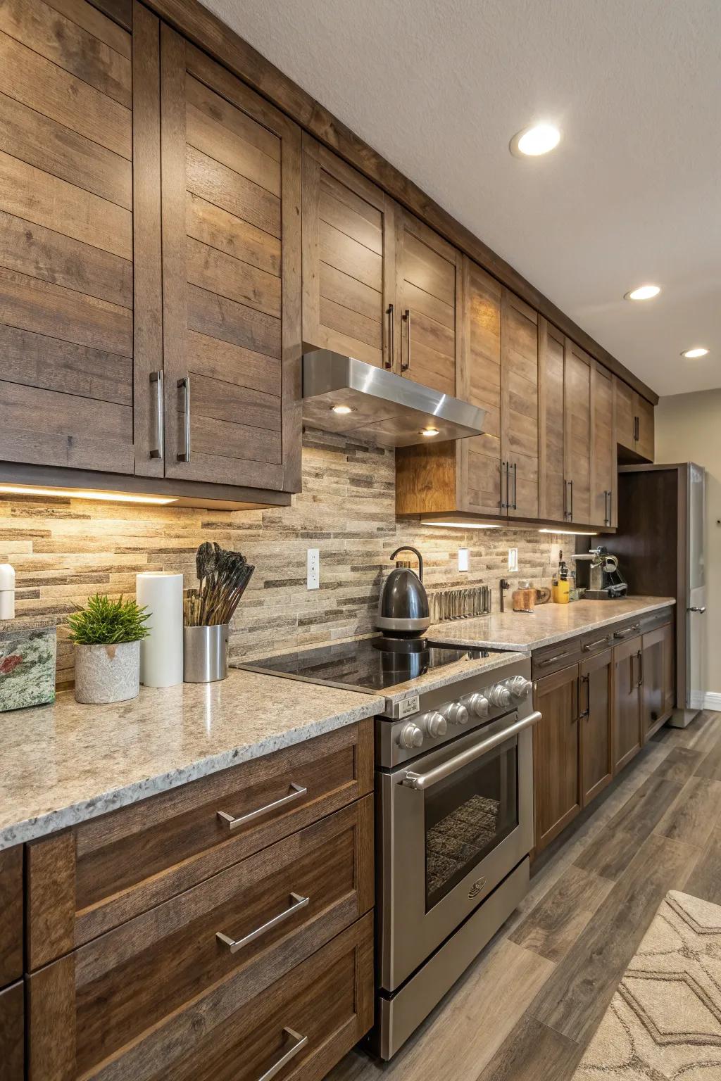 Wood-textured bricks add rustic warmth to mystic earth stone.