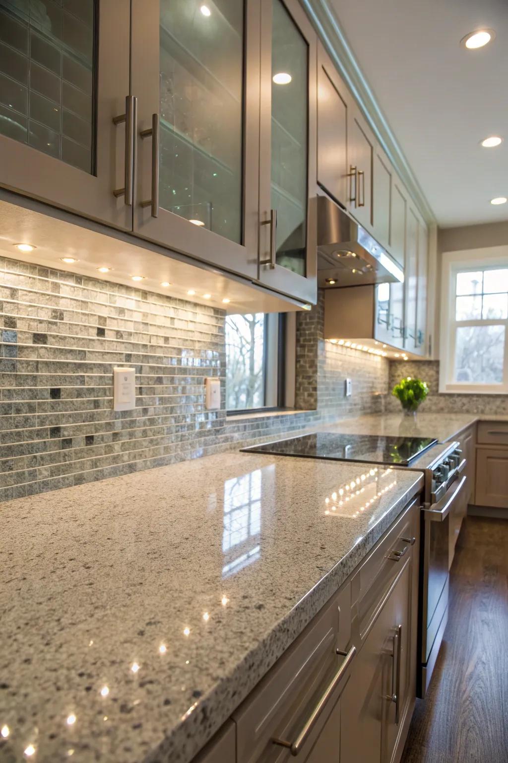 Stone worktops gain a sleek, contemporary touch from glass tiles.