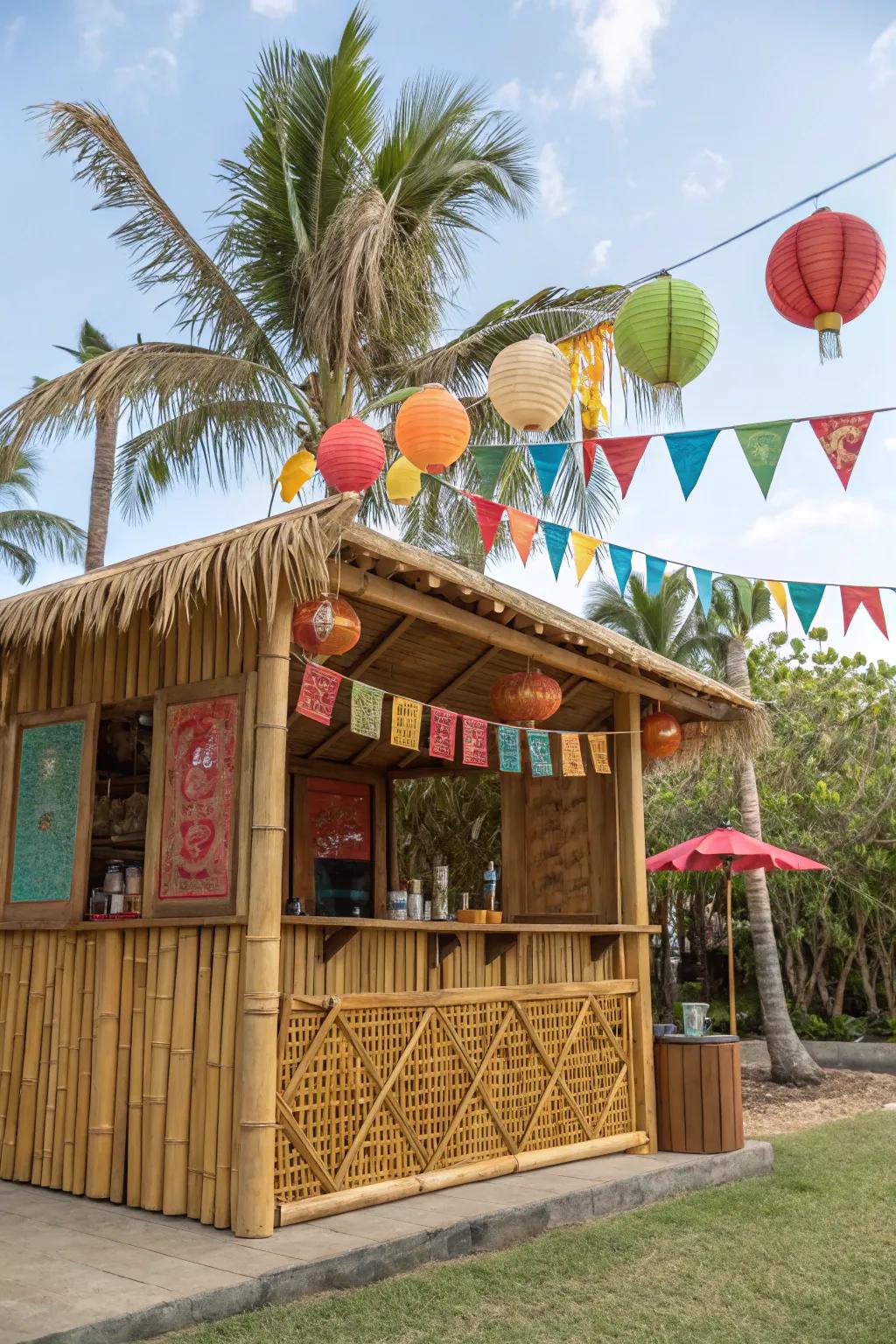 A backyard escape: exotic tiki bar BBQ shed.