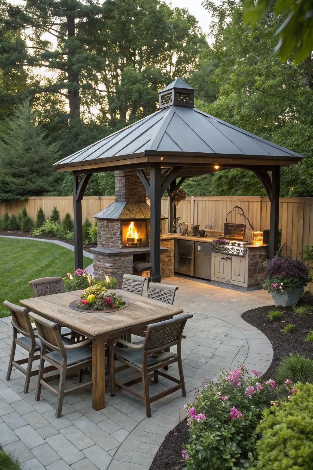 A gazebo with a fire pit creates a warm and inviting outdoor kitchen vibe.