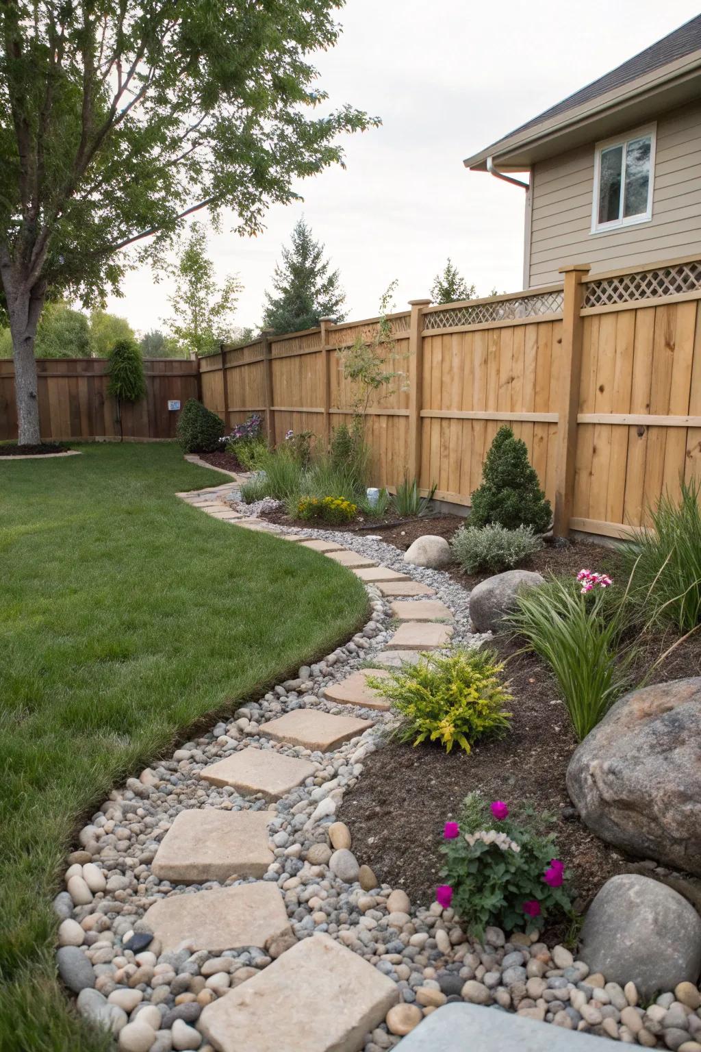 Ornamental stones improving drainage and visual appeal in a backyard.