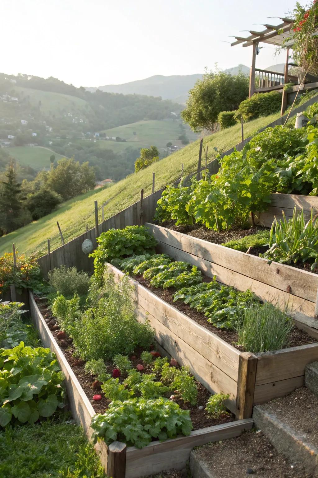 Tiered vegetable beds effectively utilize a slope for bountiful gardening.