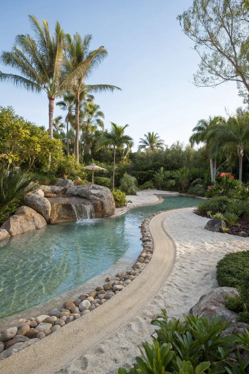 A meandering pool with a gradual beach entry for smooth access.