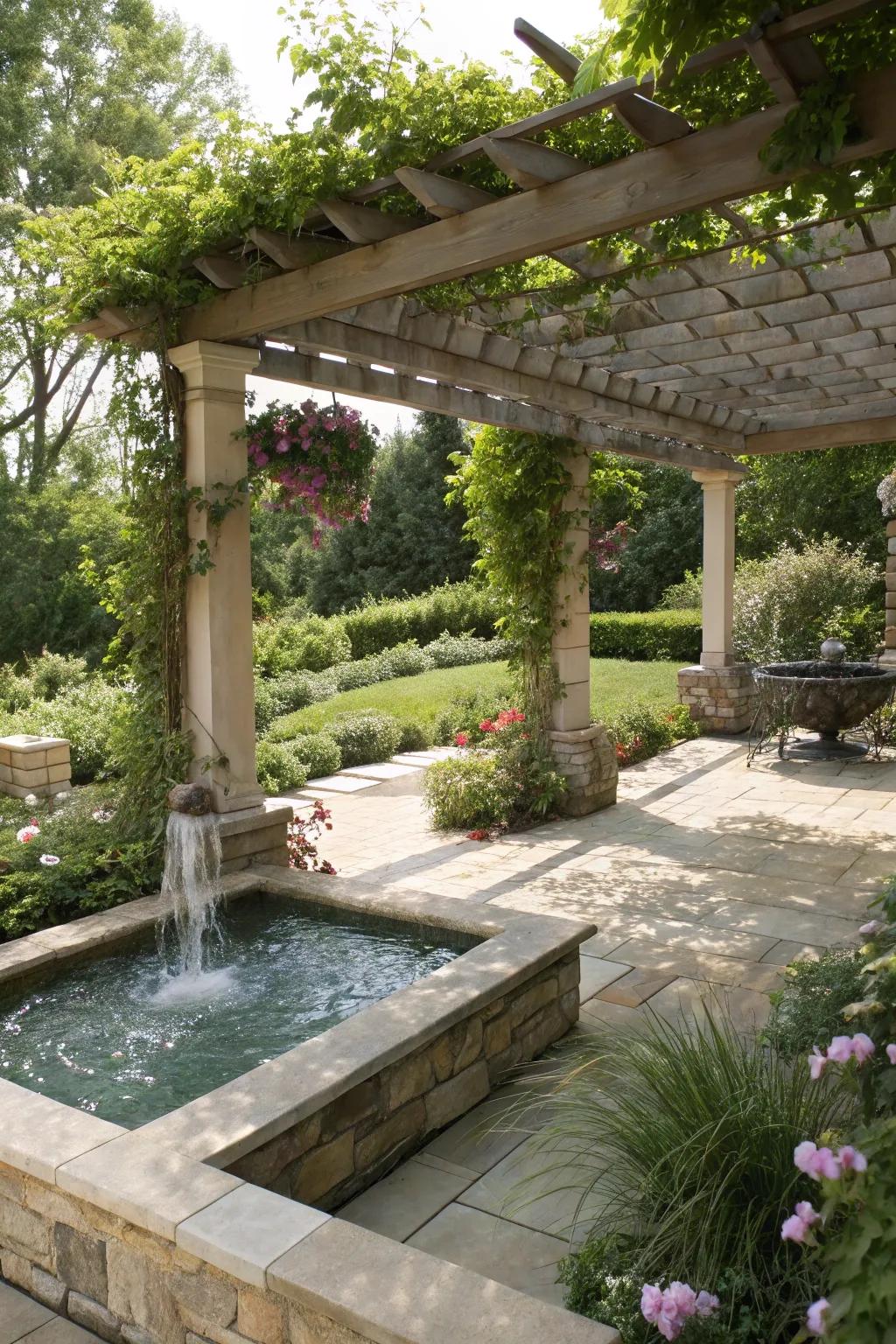 Water elements contribute a calming ingredient to pergola spaces.