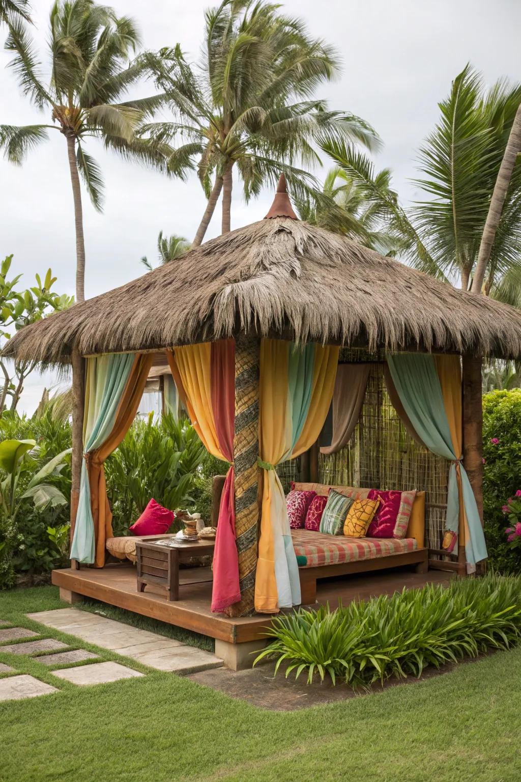 Bright textiles enhance the lively atmosphere of your tiki hut's decor.