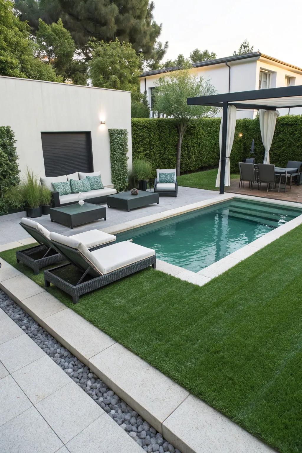 Synthetic lawn delivers a lush, low-maintenance vibe around the pool.