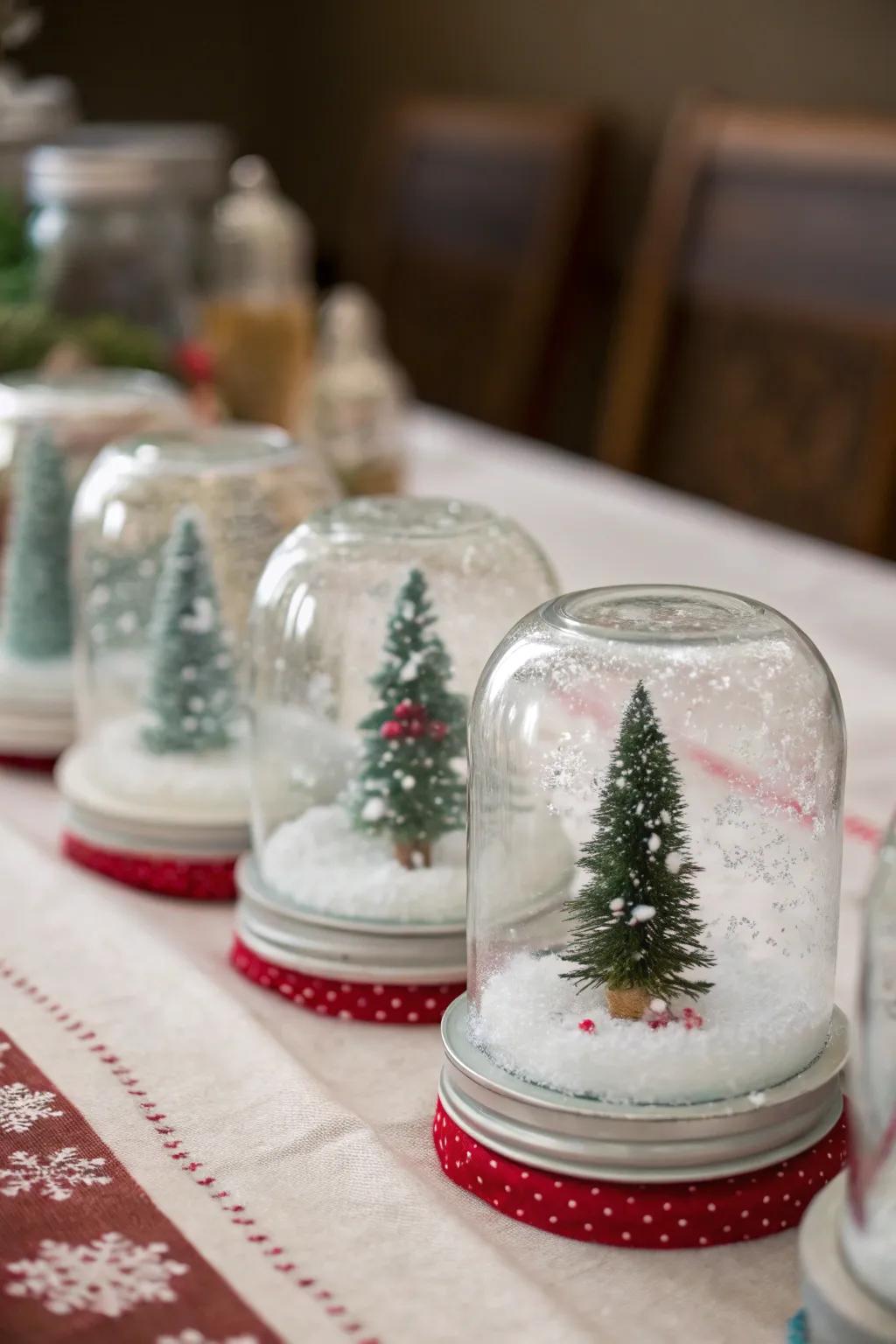 Holiday globes created from preserving jars contribute festive appeal.