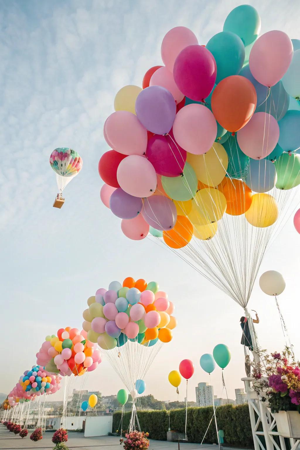 Drifting balloon displays create a whimsical and vibrant showcase.
