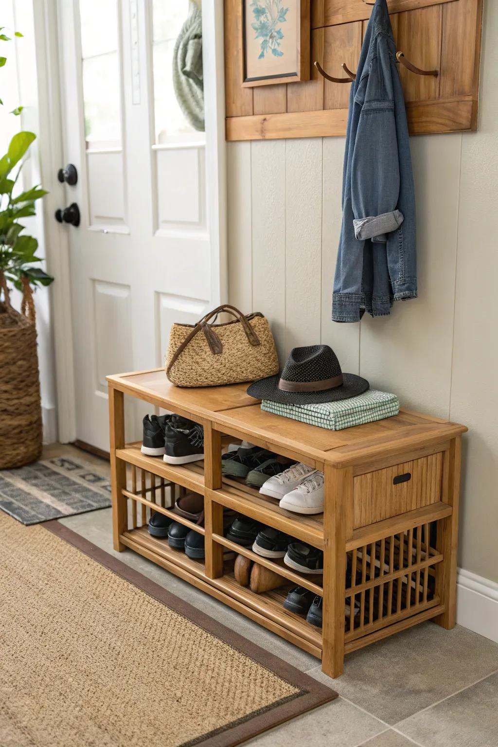 Bamboo storage bench in an entryway