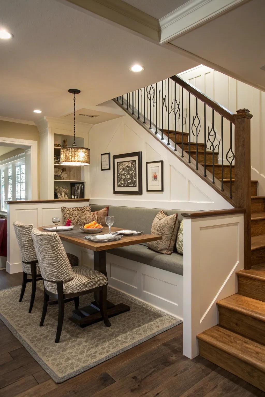 A space-saving dining area with banquette seating cleverly tucked under the stairs.