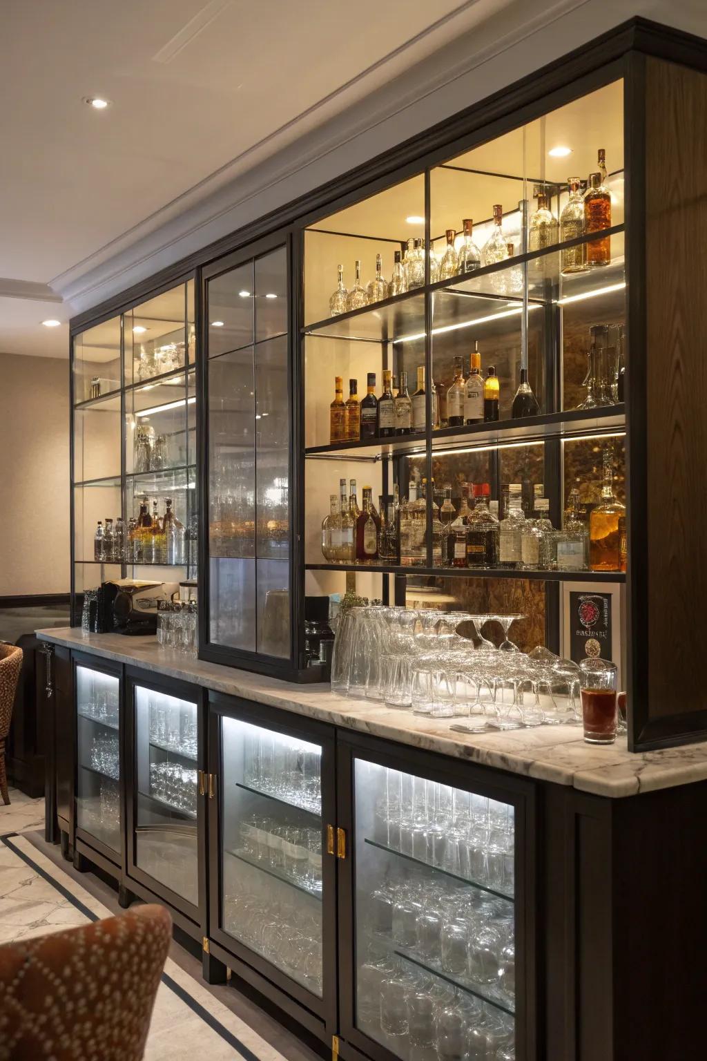 Transparent display fixtures exhibit your premium liquors with elegance and sophistication.