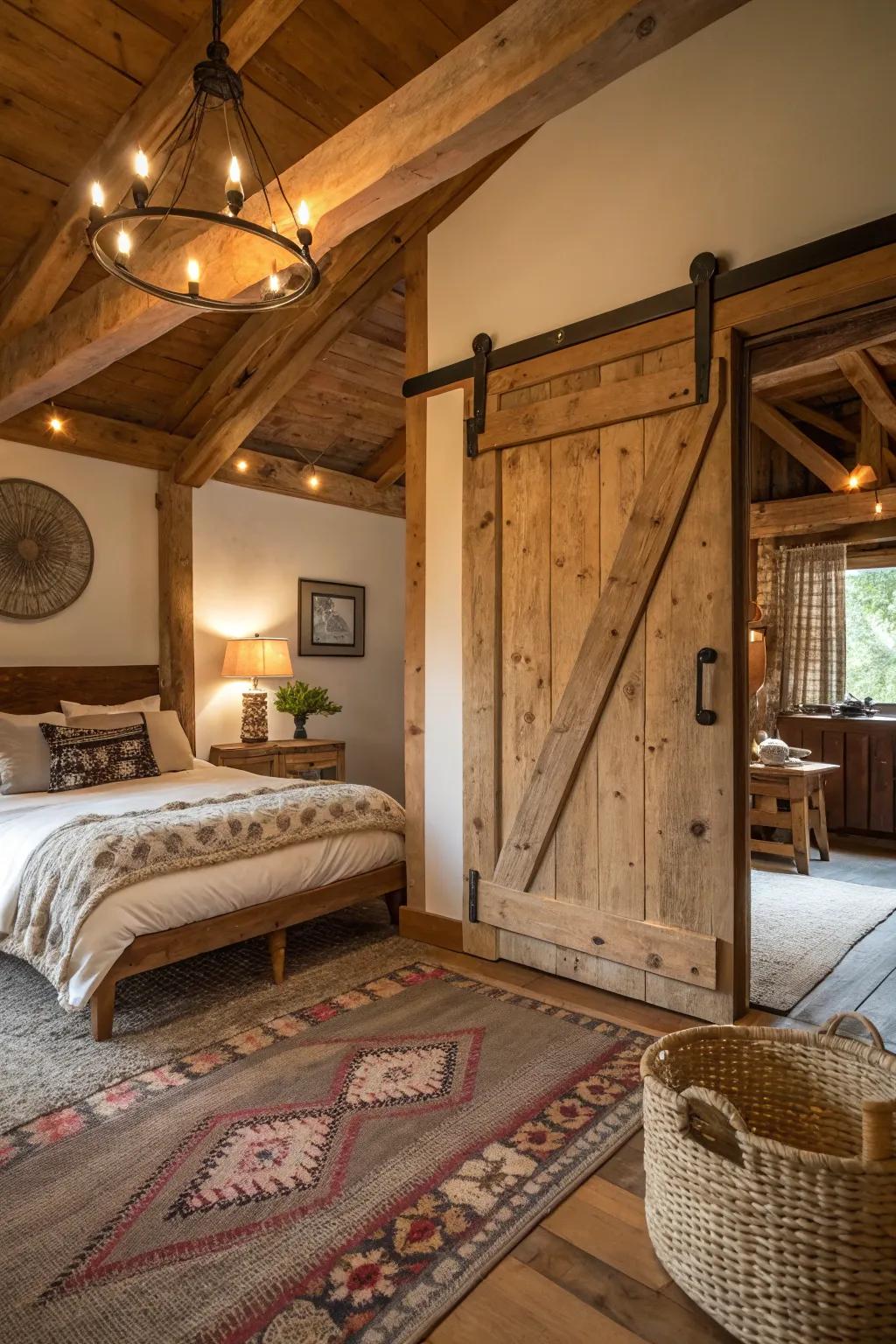 Displayed rafters complement the country charm of this bedroom's stable door.