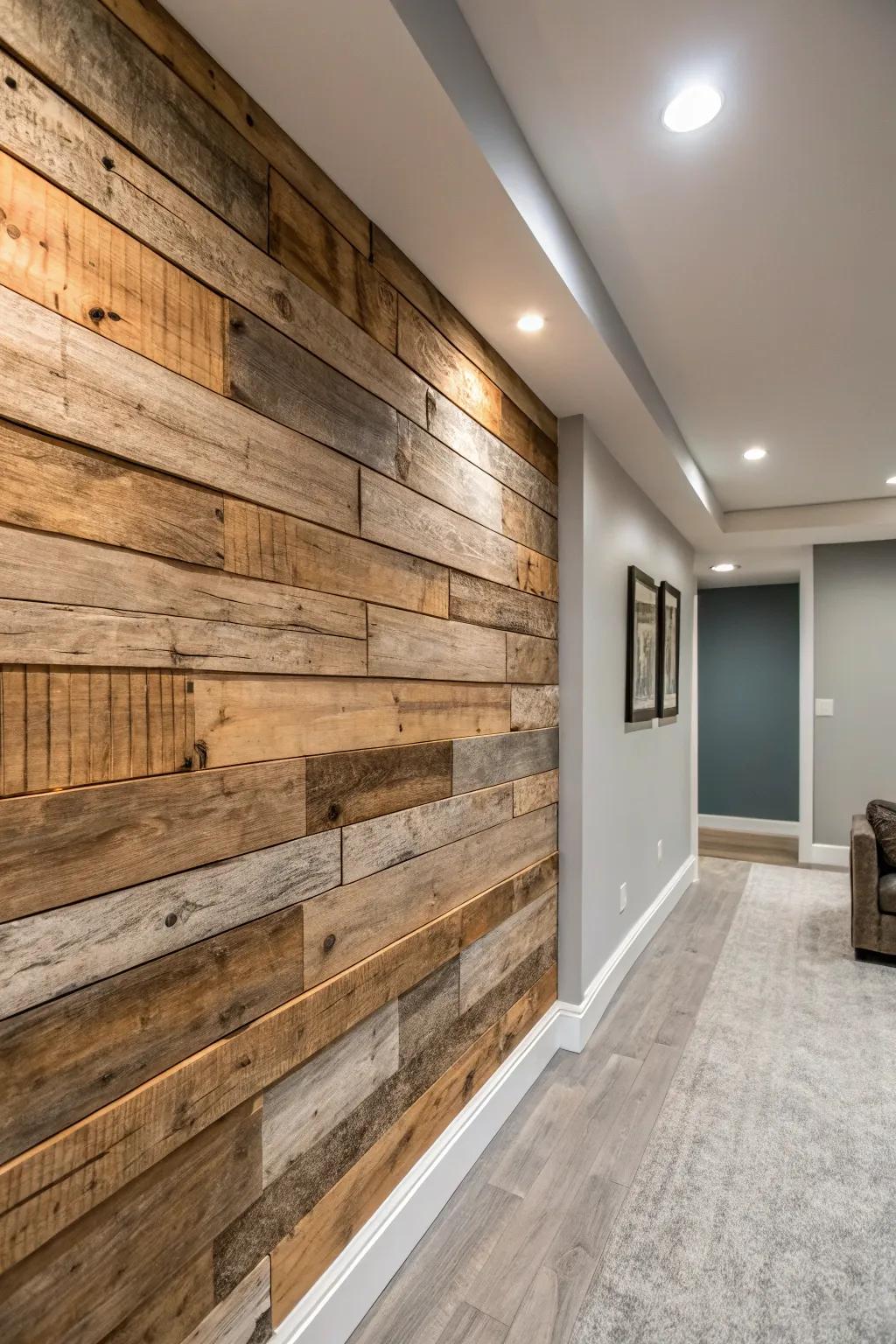 Layered barnwood panels creating a textured wall effect.