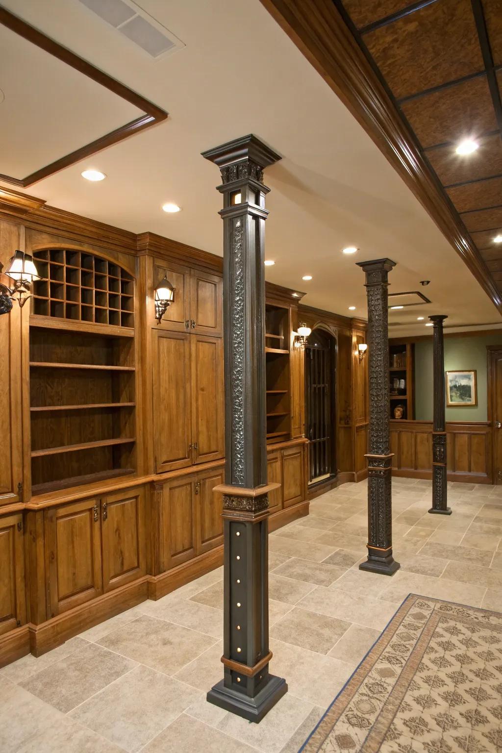 Custom builds enhance the utility and beauty of basement posts.