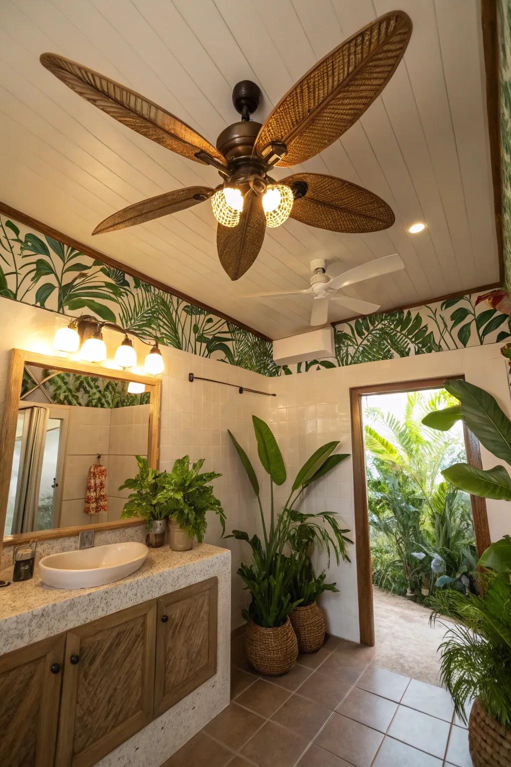 A tropical-themed bathroom that features a ceiling fan with blades shaped like leaves.
