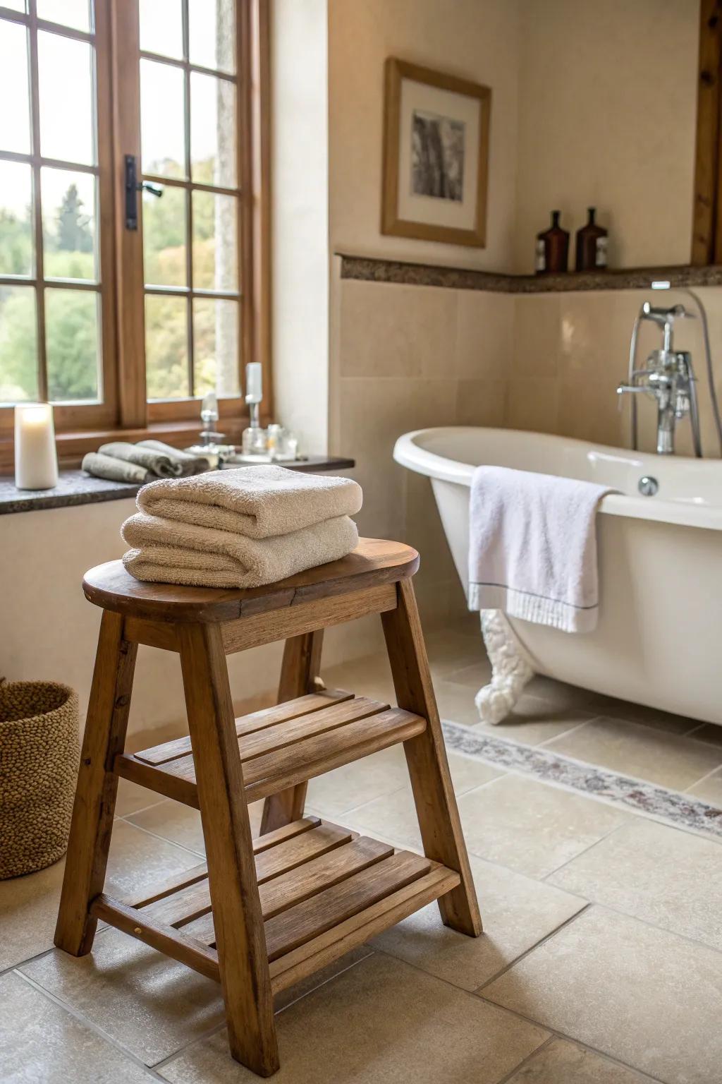 A small seat adds an unexpected twist to towel storage.