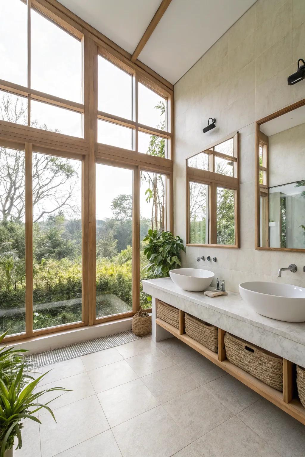 Unsealed and ventilated layouts forge an expansive and welcoming bathroom milieu.