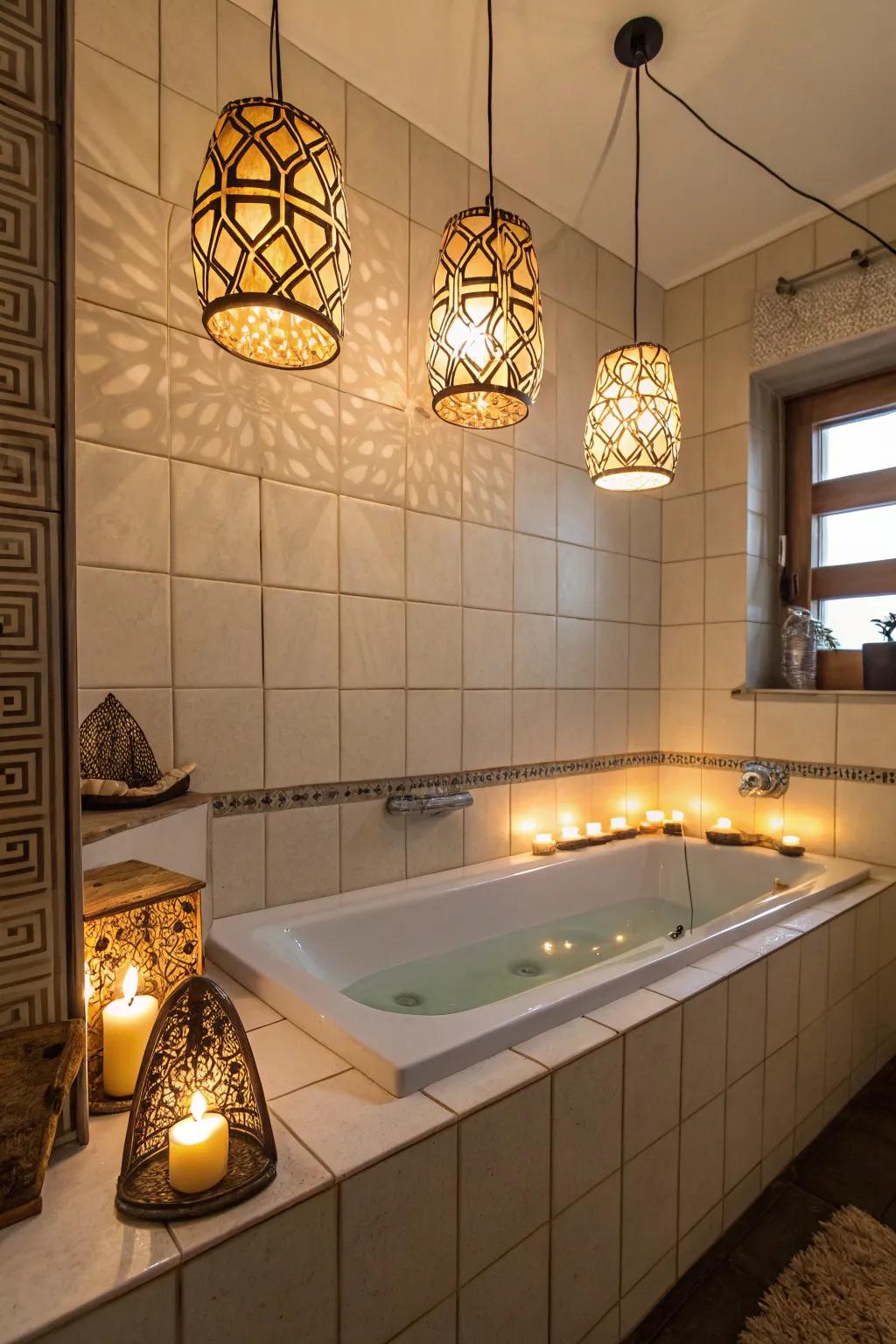 Innovative lighting enhances the ambiance surrounding the bathtub.