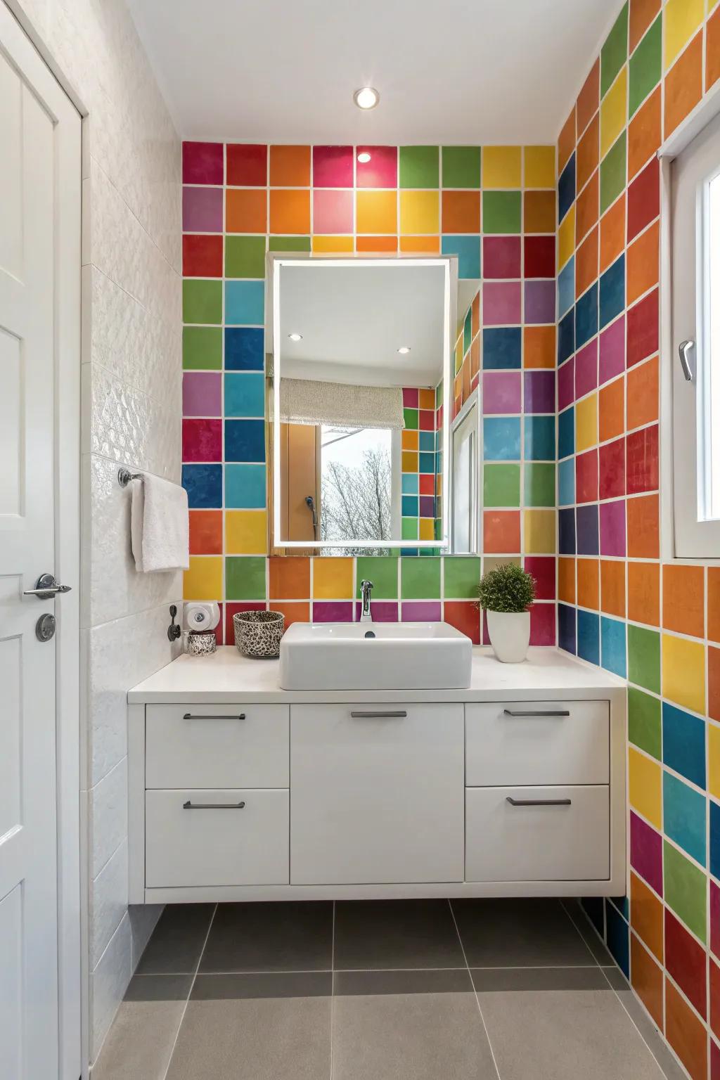 A lavatory arrangement that draws attention with striking patterns and hues.
