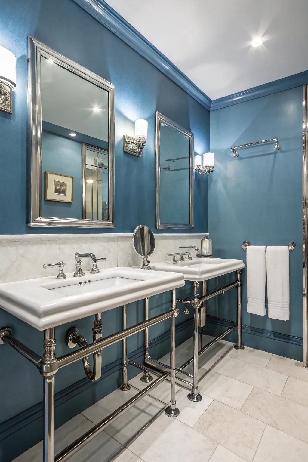Steel blue walls deliver a polished, modern bathroom ambiance.
