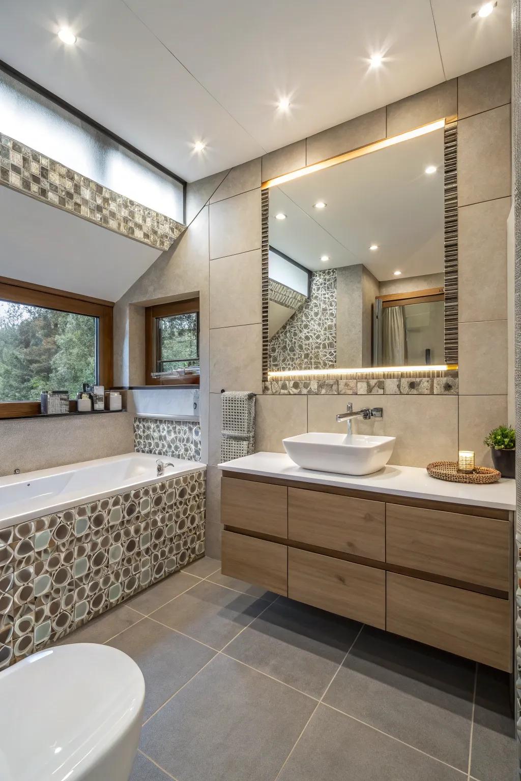 Floating trims present a sleek, contemporary bathroom design.