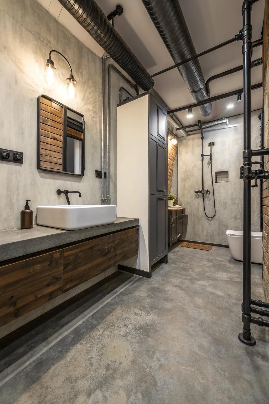 Cement-look plastic flooring adds an industrial edge to this modern bathroom.