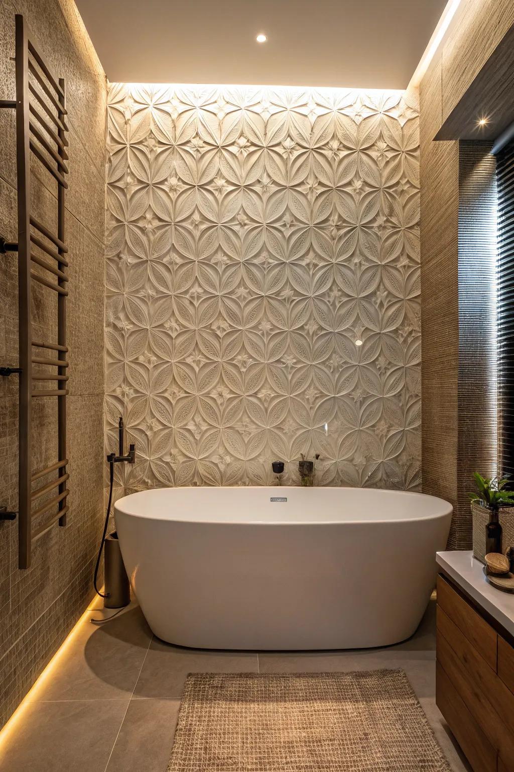 Textured tiles compose a visually appealing backdrop for the bathtub.