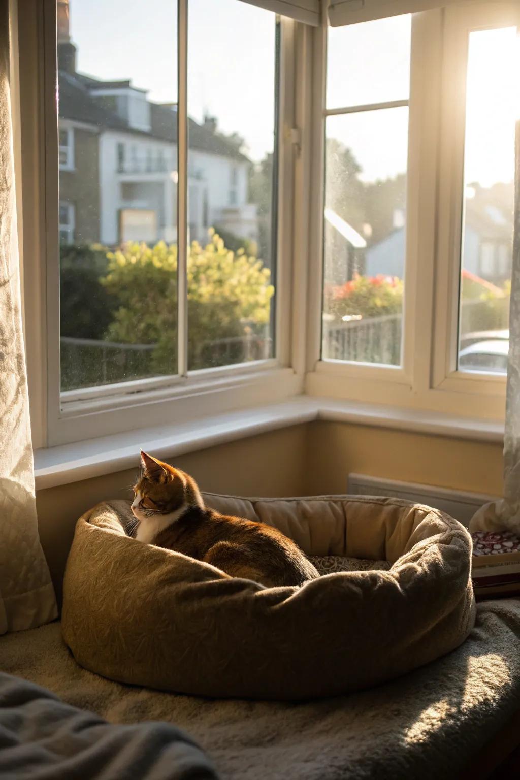 A pet-accommodating lookout in the alcove window tenders a sun-drenched location for your furry companion.