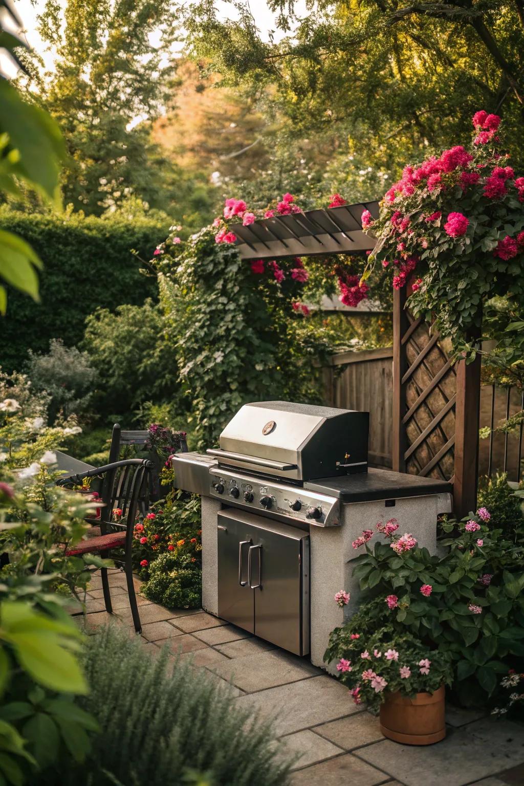 Garden-integrated barbecue for a natural cooking area.
