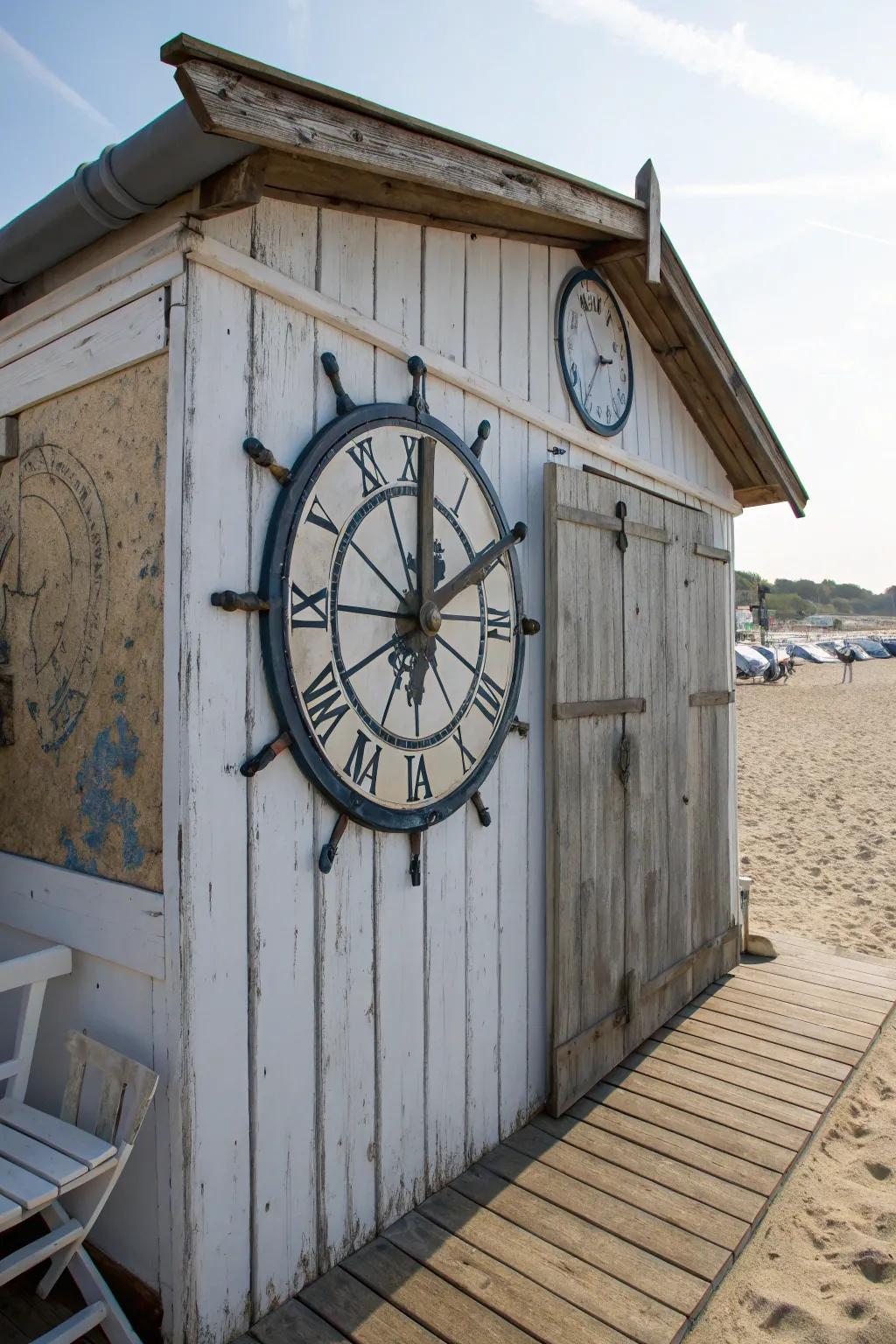 An extra-large marine wall clock serves as a stylish focal point on the beach shed wall.