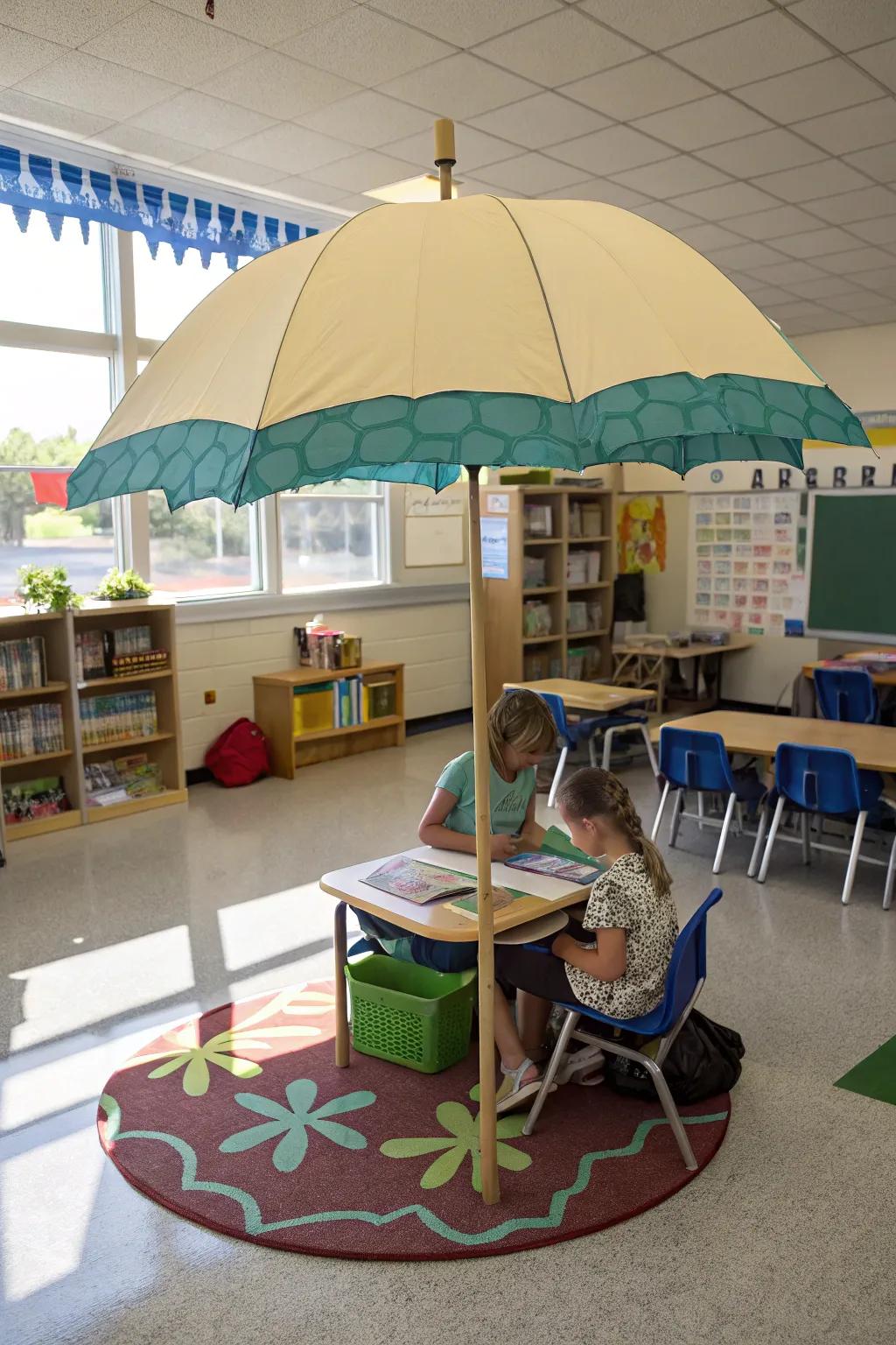 A coastal canopy contributes a whimsical and useful feature to the classroom ornamentation.